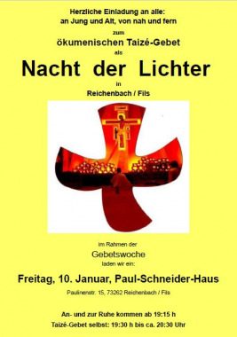 Nacht der Lichter in 73262 Reichenbach/Fils, besonderer Gottesdienst, Reichenbach an der FIls, Baden-Württemberg