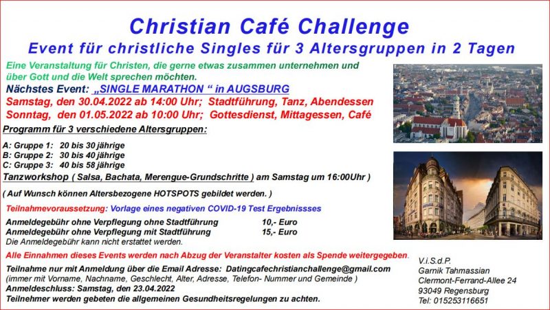 Live-Event für christliche Singles am 30.04 und 01.05.22 in Augsburg - Freizeit - Augsburg - Singles suchen Singles