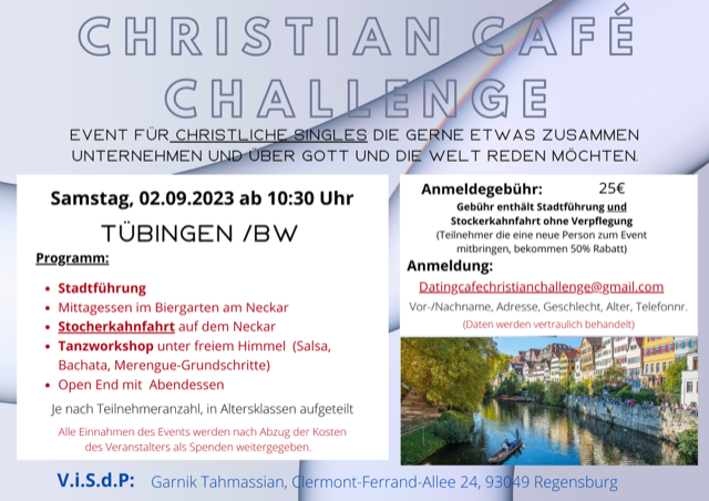 Event für christliche Singles am Samstag, den 02.09.23 in Tübingen mit Stadtführung / Tanzworkshop / Kahnfahrt - Freizeit - Tübingen